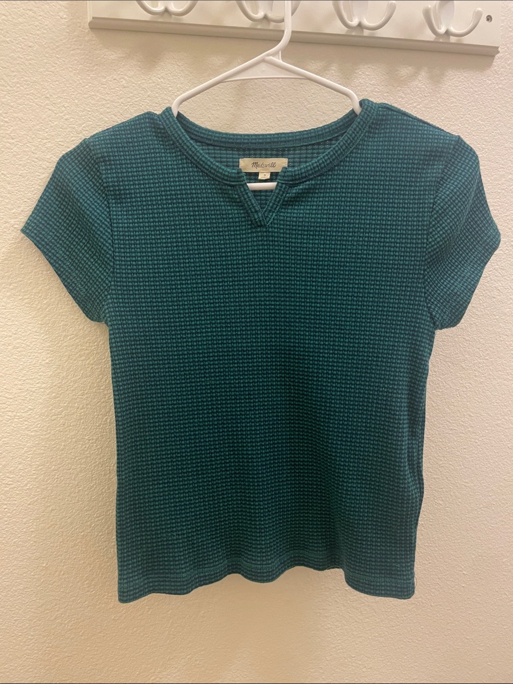 Madewell Teal Short Sleeve Waffle Knit Top with Notch Neckline